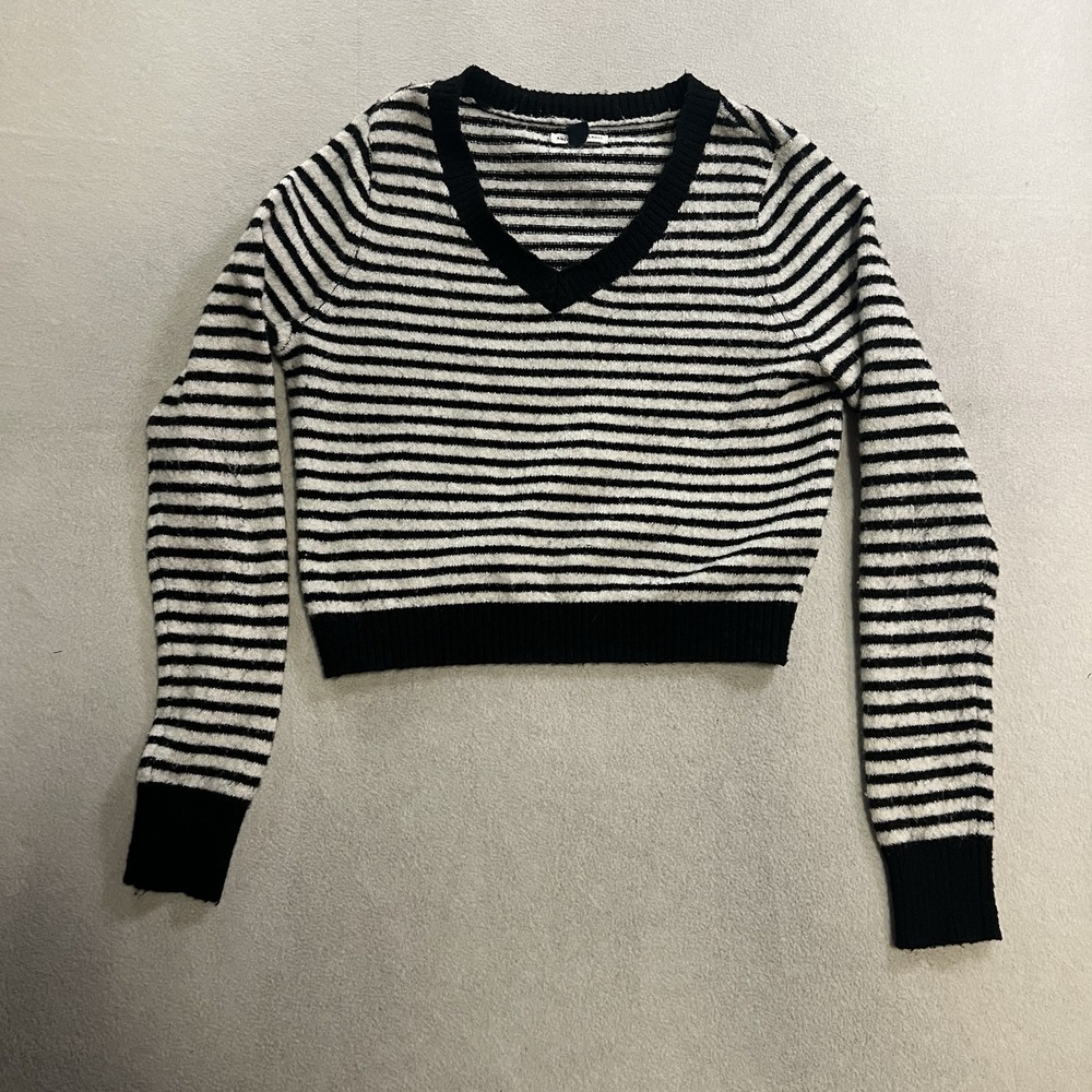 American Eagle Sweater Women's Size Small Black White Striped V-neck Pullover